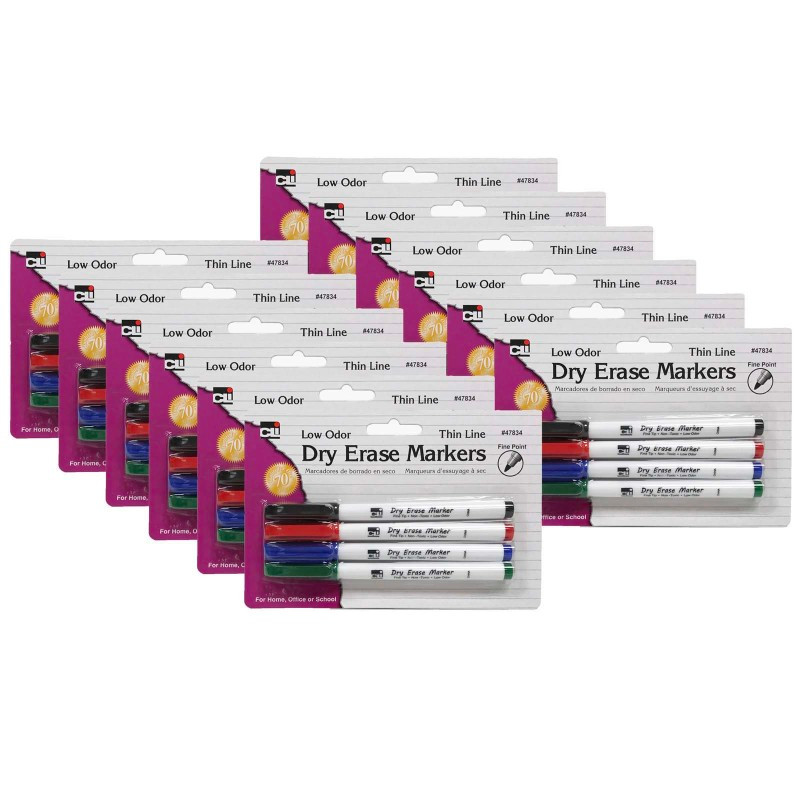 ADVANTUS Charles Leonard Dry Erase Markers, Fine Point Tip, Assorted Colors, 4 Per Pack, 12 Packs