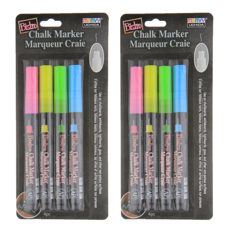 UCHIDA OF AMERICA, CORP Marvy Uchida® Bistro Chalk Markers, Extra Fine Tip 4-Color Set, Fluorescent Pink, Blue, Green, Yellow, 2 Sets