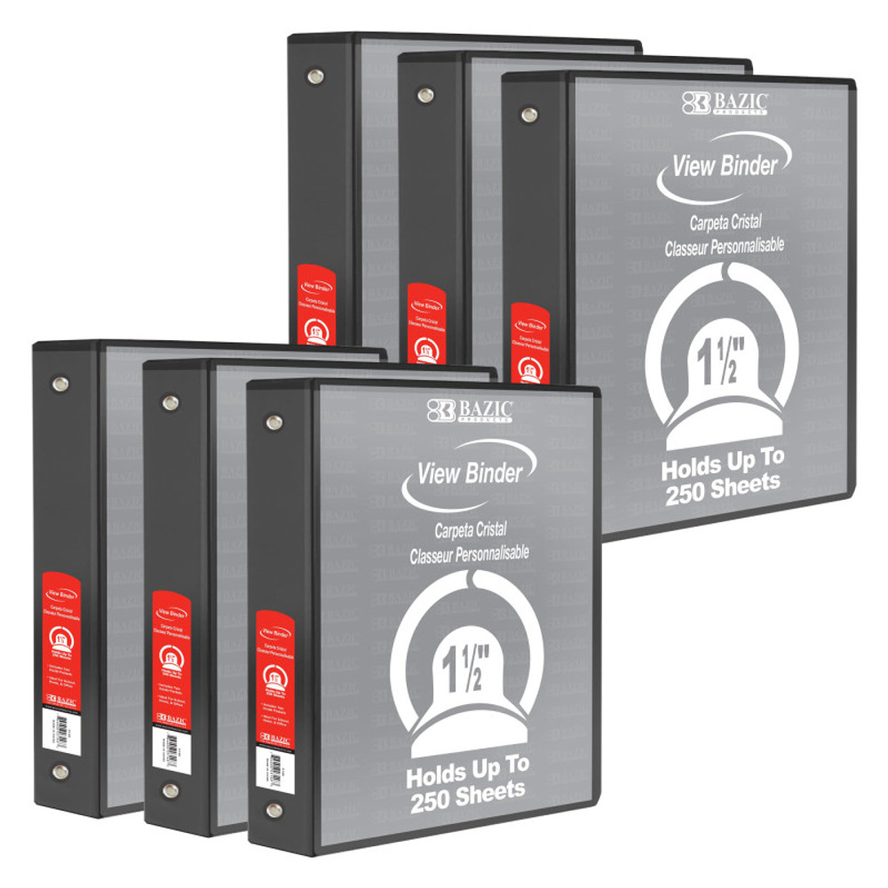 BAZIC PRODUCTS BAZIC Products® 3-Ring View Binder with 2 Pockets, 1.5", Black, Pack of 6
