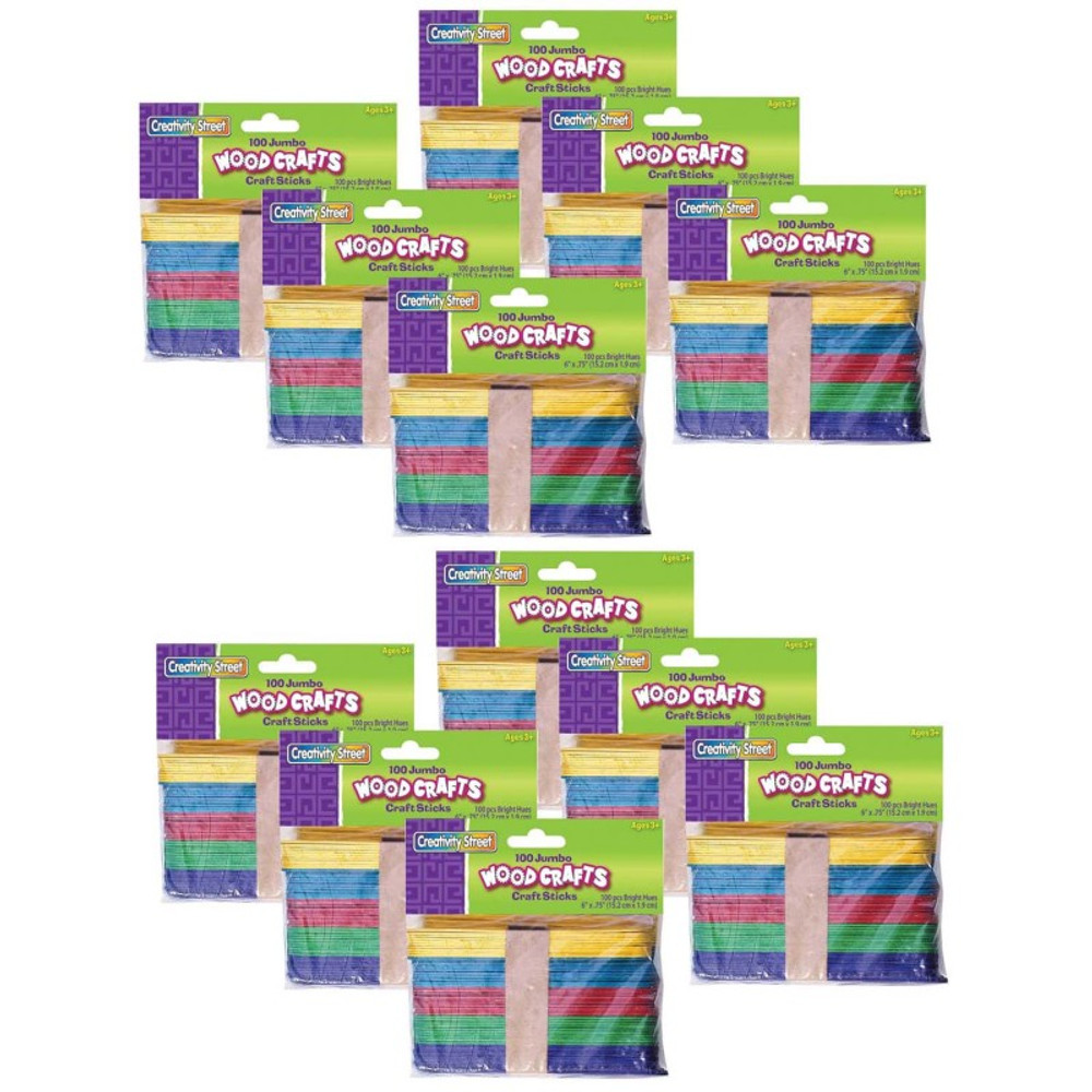 DIXON TICONDEROGA CO Creativity Street® Jumbo Craft Sticks, Bright Hues Assorted, 6" x .75", 100 Per Pack, 12 Packs