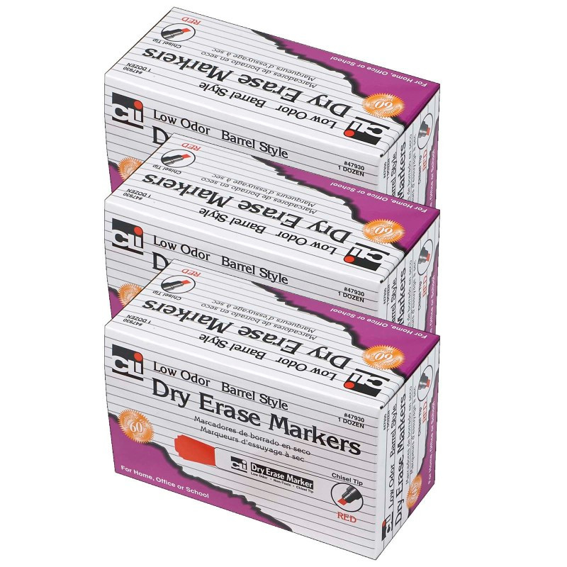 ADVANTUS Charles Leonard Dry Erase Markers, Barrel Style, Chisel Tip, Red, 12 Per Pack, 3 Packs