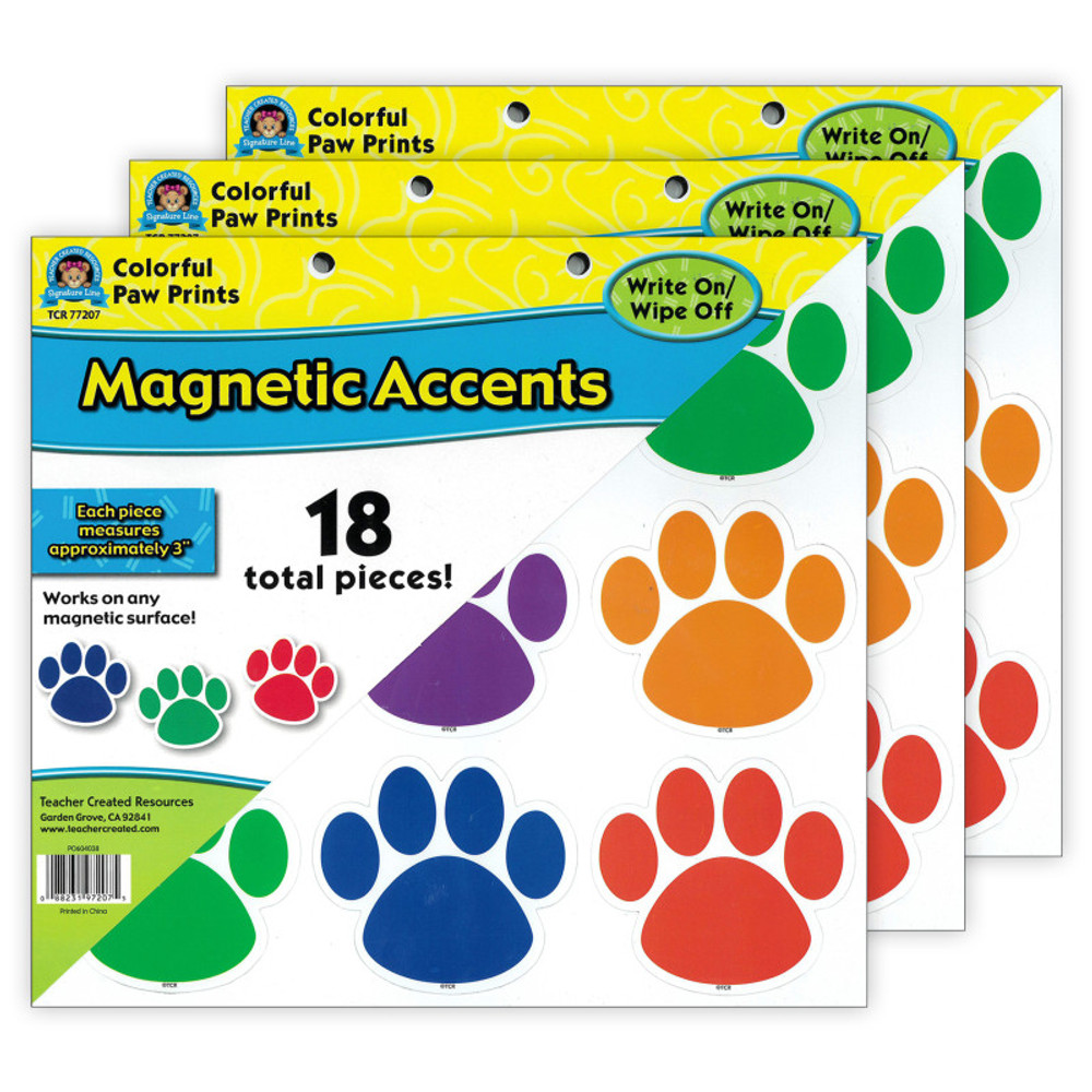 TEACHER CREATED RESOURCES Teacher Created Resources® Colorful Paw Prints Magnetic Accents, 18 Per Packs, 3 Packs