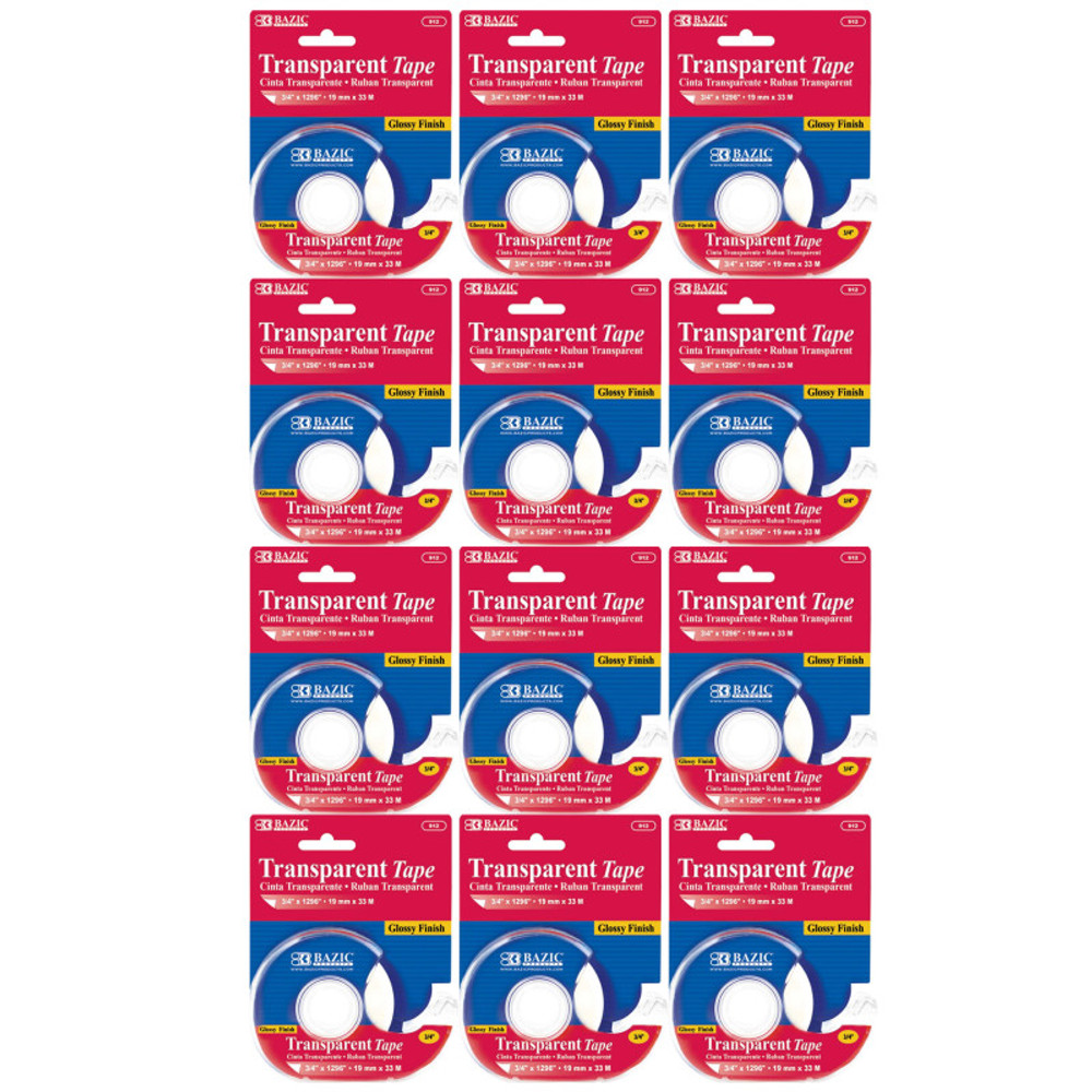 BAZIC PRODUCTS BAZIC Products® Transparent Tape with Dispenser, 3/4" x 1296", Pack of 12