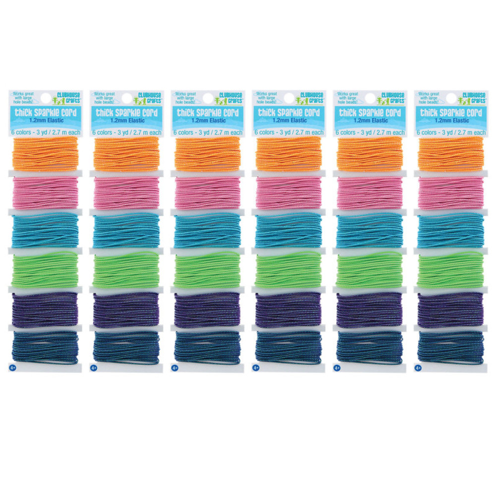 ADVANTUS Clubhouse Crafts® Thick Sparkle Elastic Cord, 6 Colors, 18 Yards Per Pack, 6 Packs
