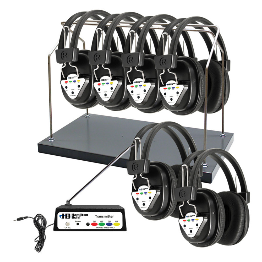 HAMILTON ELECTRONICS VCOM HamiltonBuhl® AudioFlow™ Wireless 6-Person Listening Center with Multi-Frequency Transmitter, Wireless Headphones & Rack