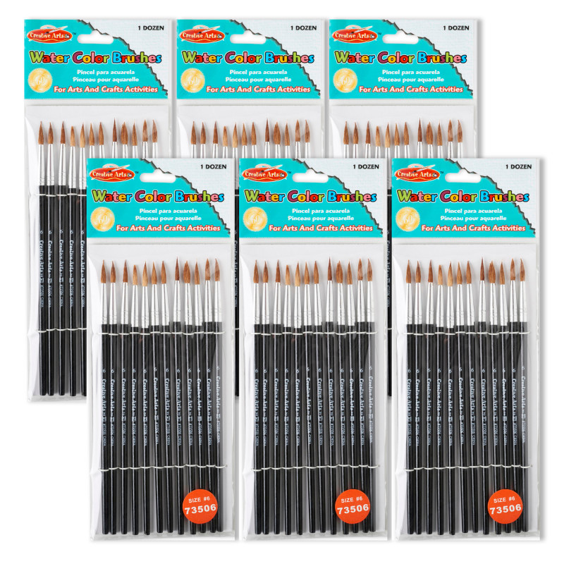 ADVANTUS Charles Leonard Water Color Paint Brushes with Round Pointed Tip, # 6, 11/16", Camel Hair, Black Handle, 12 Per Pack, 6 Packs