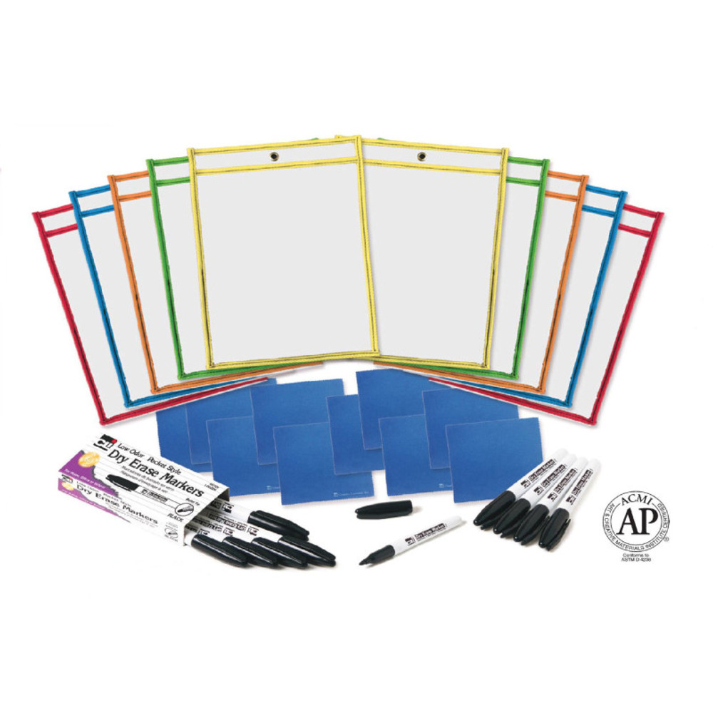 ADVANTUS Charles Leonard Reusable Dry Erase Pockets Class Pack with Markers and Cloth Erasers