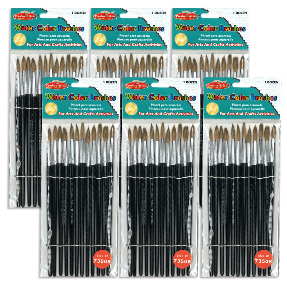 ADVANTUS Charles Leonard Water Color Paint Brushes with Round Pointed Tip, # 8, 0.81 Inch, Camel Hair, Black Handle, 12 Per Pack, 6 Packs