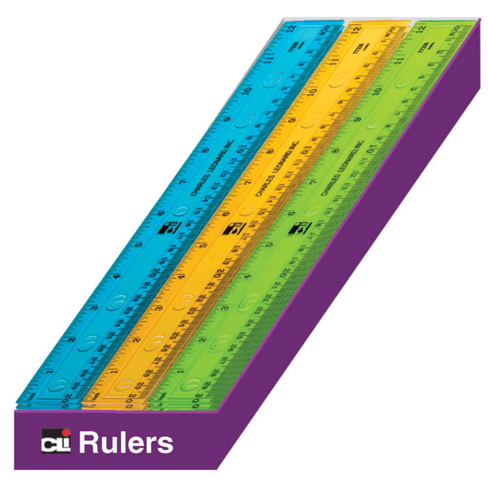 ADVANTUS Charles Leonard Plastic 12" Ruler, Flat, Translucent Assorted Colors, Pack of 36