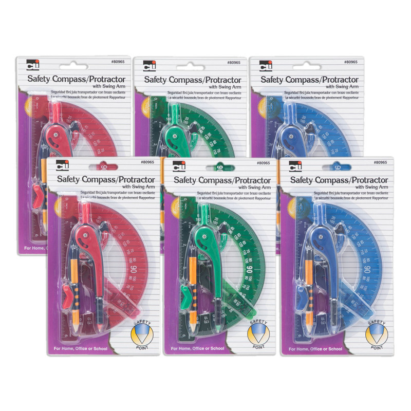 ADVANTUS Charles Leonard Safety Compass & 6" Swing Arm Protractor, Assorted Colors, 6 Sets