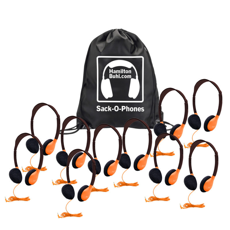 HAMILTON ELECTRONICS VCOM HamiltonBuhl® Sack-O-Phones, 10 Personal Headphones in a Carry Bag, Orange