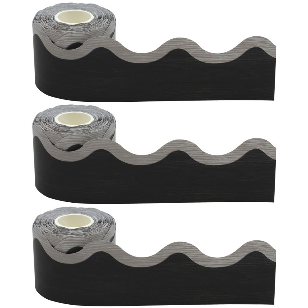 TEACHER CREATED RESOURCES Teacher Created Resources® Modern Farmhouse Black with Gray Scalloped Rolled Border Trim, 50 Feet Per Roll, Pack of 3