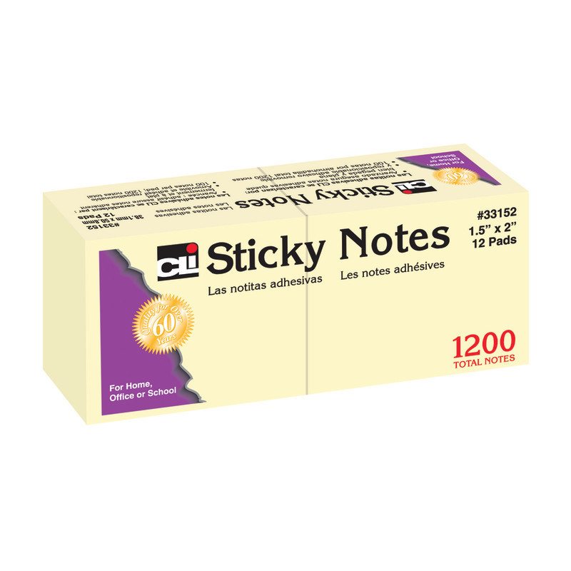 ADVANTUS Charles Leonard Sticky Notes, 1.5" x 2", Yellow, 100 Sheets/Pad, 12 Pads