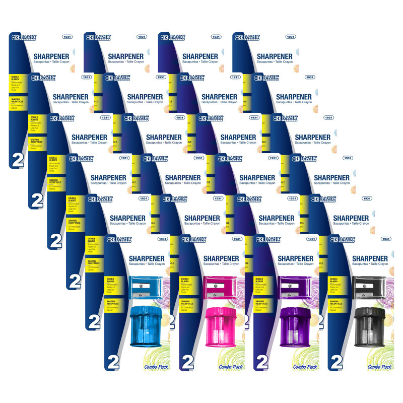 BAZIC PRODUCTS BAZIC Products® Dual Blade Square Sharpener with Receptacle & Round Receptacle Sharpener, Assorted Colors, 2 Per Pack, 24 Packs