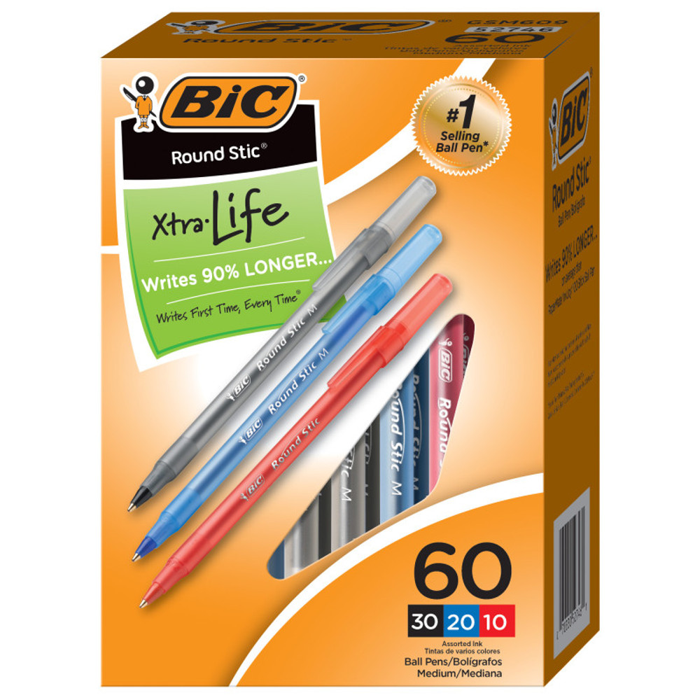 BIC USA INC BIC® Round Stic® Xtra Life Ballpoint Pen, Medium Point (1.0mm), Assorted, Box of 60