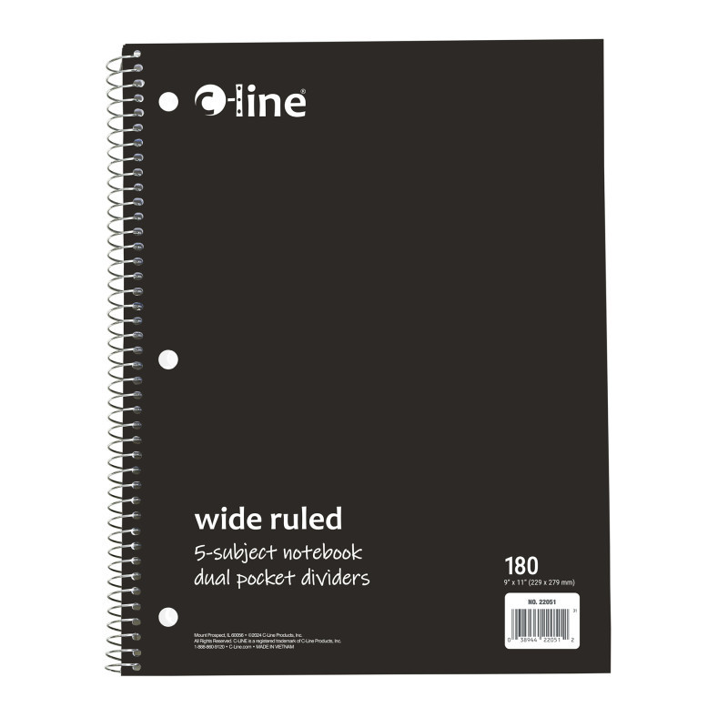C-LINE PRODUCTS INC C-Line® 5-Subject Notebook, Wide Ruled, 180 Sheets, Assorted Colors