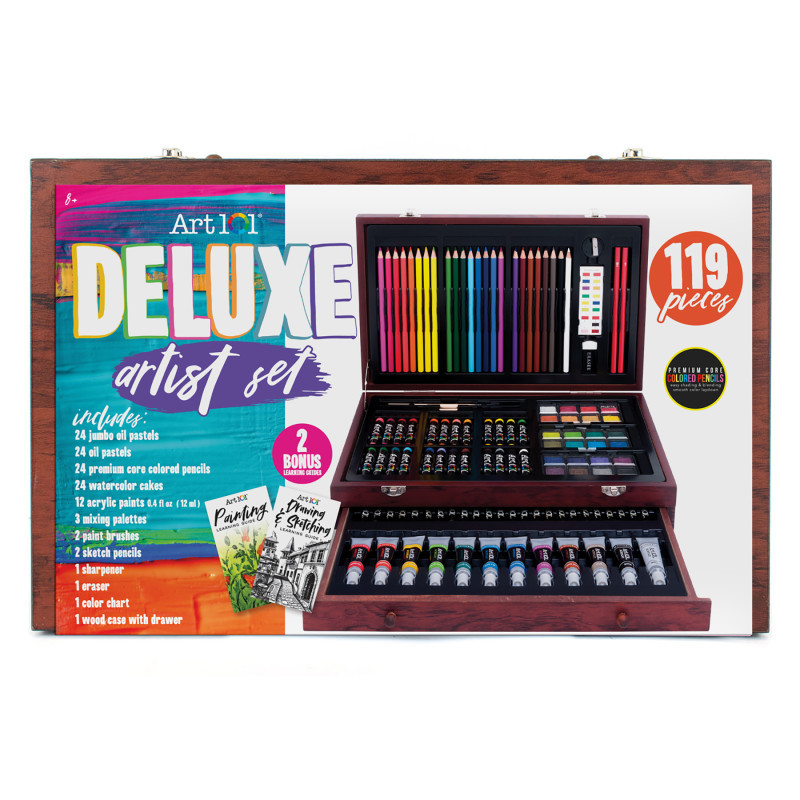 ART 101 / ADVANTUS Art 101 Deluxe Art Set in a Wood Organizer Case, 119 Pieces