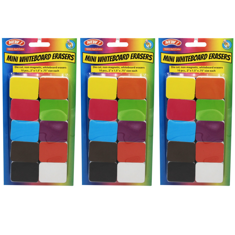 ASHLEY PRODUCTIONS Ashley Productions® Non-Magnetic Mini Whiteboard Erasers, Assorted, 10 Per Pack, 3 Packs