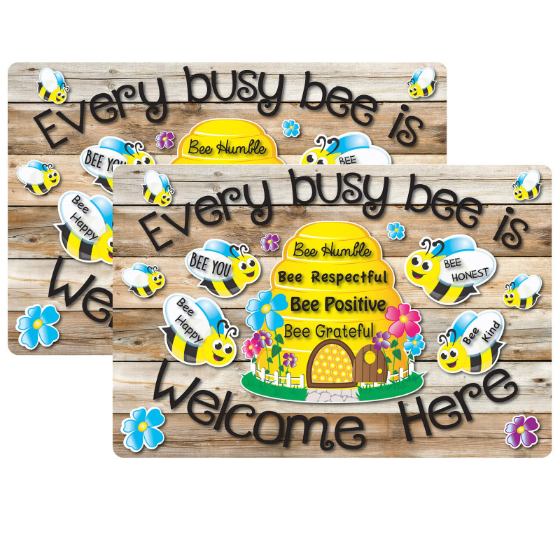 ASHLEY PRODUCTIONS Smart Poly® Welcome Mat with Slip Resistant Backing, 15.5" x 23.5", Bee Hive Theme Values, Pack of 2