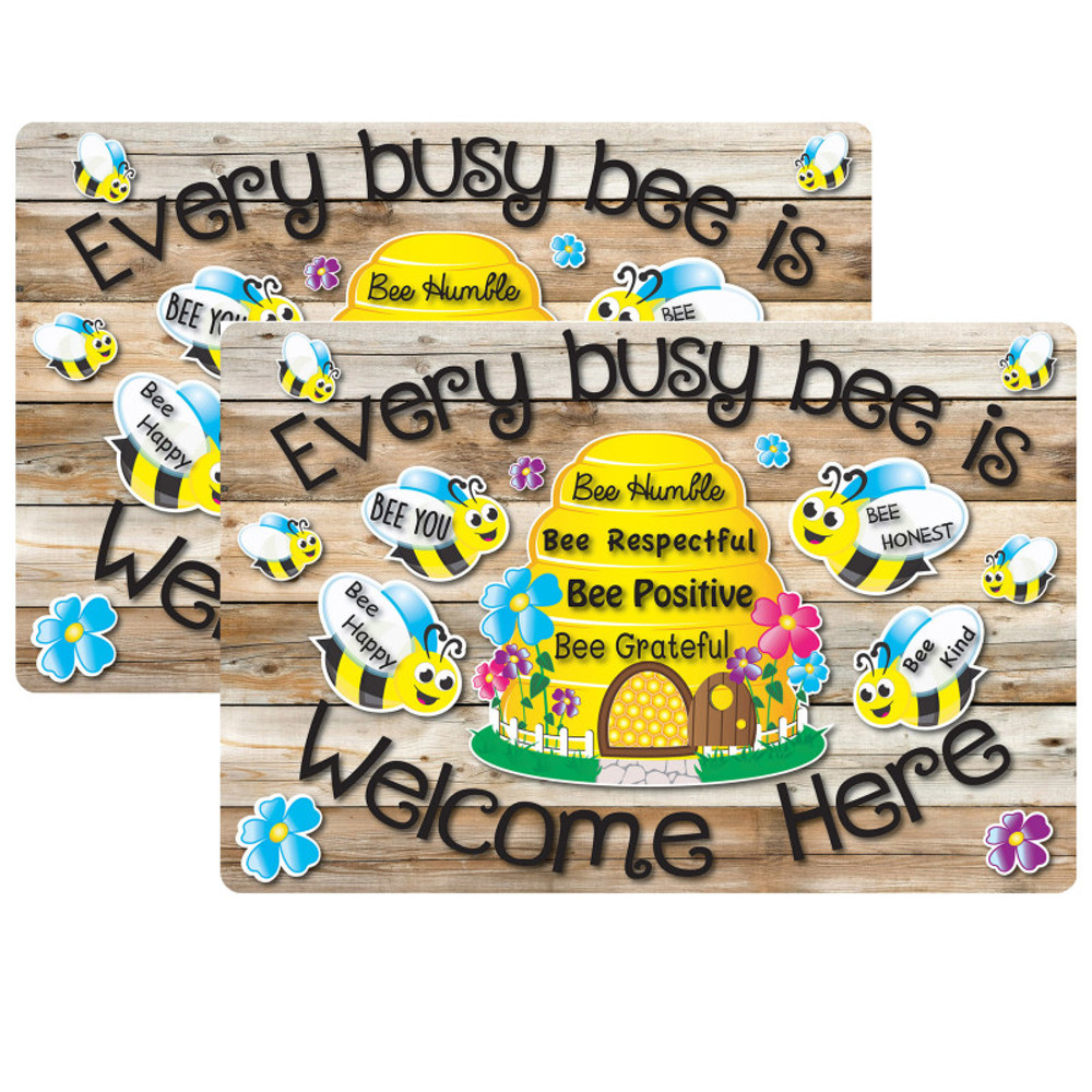 ASHLEY PRODUCTIONS Smart Poly® Welcome Mat with Slip Resistant Backing, 15.5" x 23.5", Bee Hive Theme Values, Pack of 2