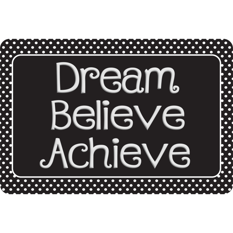 ASHLEY PRODUCTIONS Ashley Productions® The Original Fun Mat™, Welcome Mat, 15.5" x 23.5", Dream, Believe, Achieve, Black with White Dots