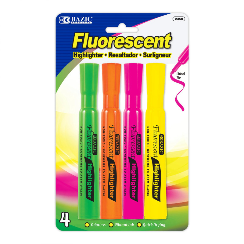 BAZIC PRODUCTS BAZIC Products® Desk Style Fluorescent Highlighters, Pack of 4