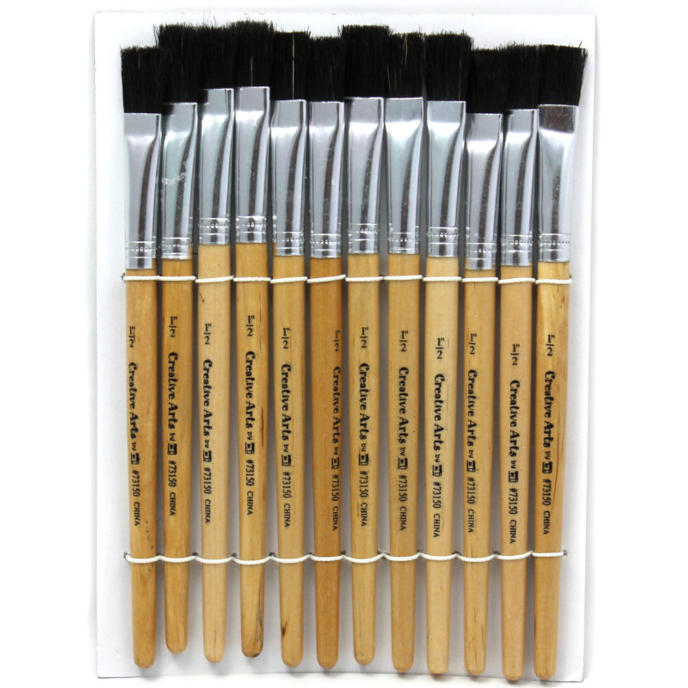 ADVANTUS Charles Leonard Flat Tip Easel Paint Brushes, Short Stubby Handle, 0.50 Inch, Natural Handles, Black Bristles, 12/Pack