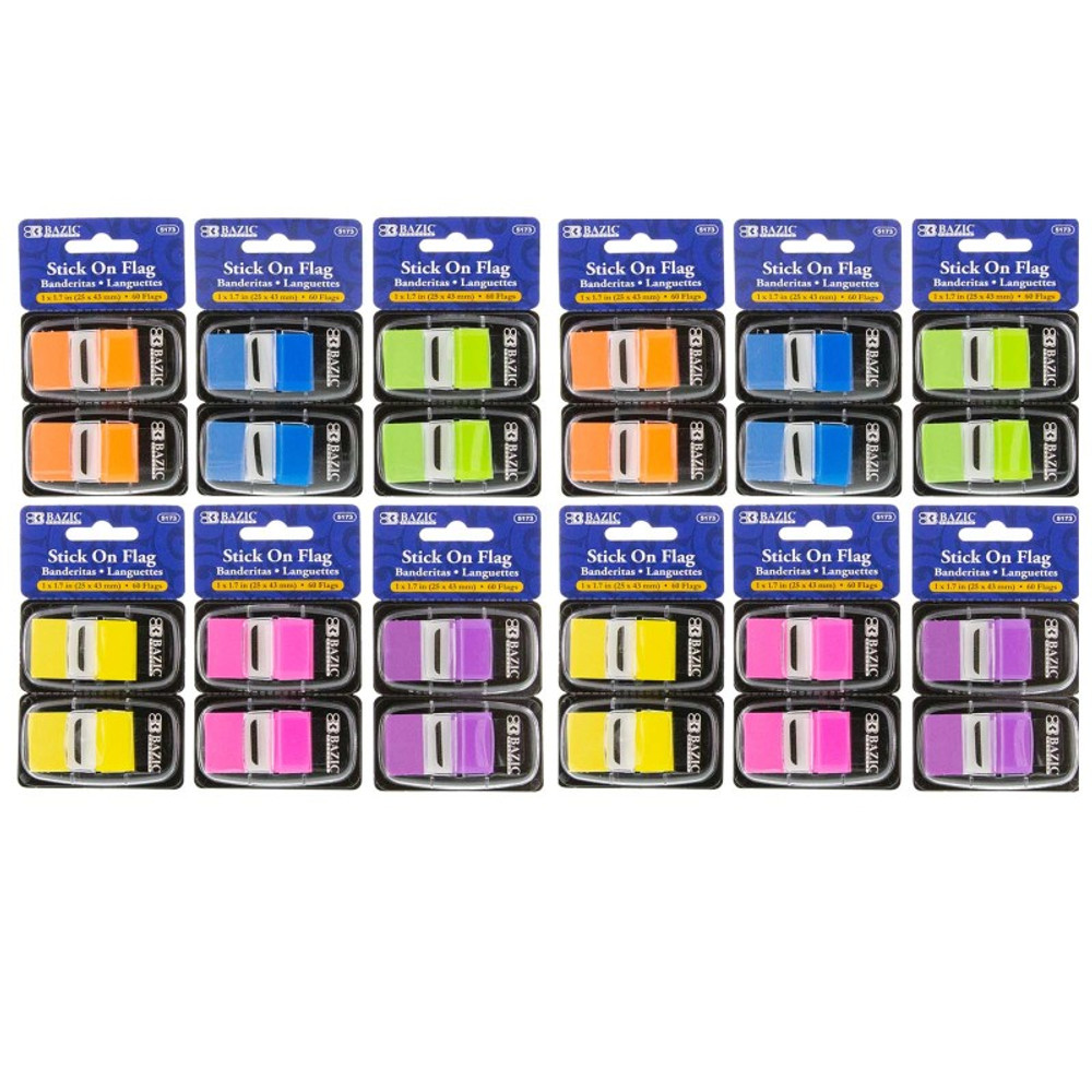 BAZIC PRODUCTS BAZIC Products® Assorted Neon Color Standard Flags with Dispenser, 60 Per Pack, 12 Packs