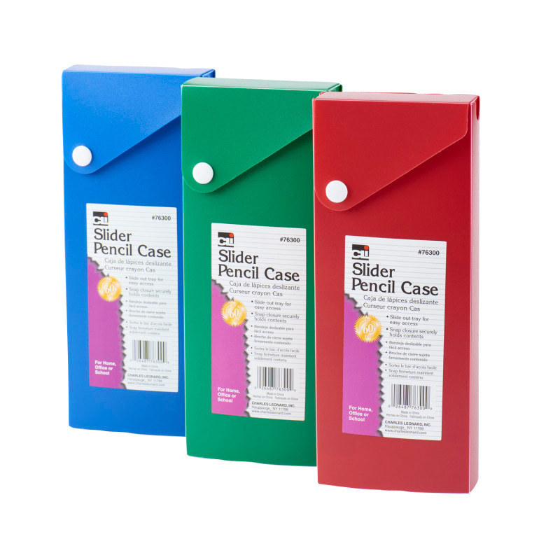 ADVANTUS Charles Leonard Slider Pencil Case Box, Slide Out Tray, Snap Closure, Assorted Colors, Pack of 24