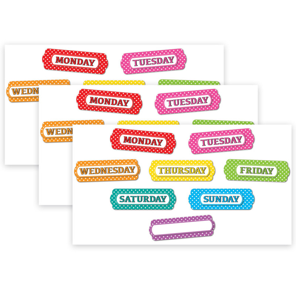 ASHLEY PRODUCTIONS Ashley Productions® Magnetic Die-Cut Timesavers & Labels, Days of the Week, White Polka Dots On Assorted Colors, 8 Per Pack, 3 Packs
