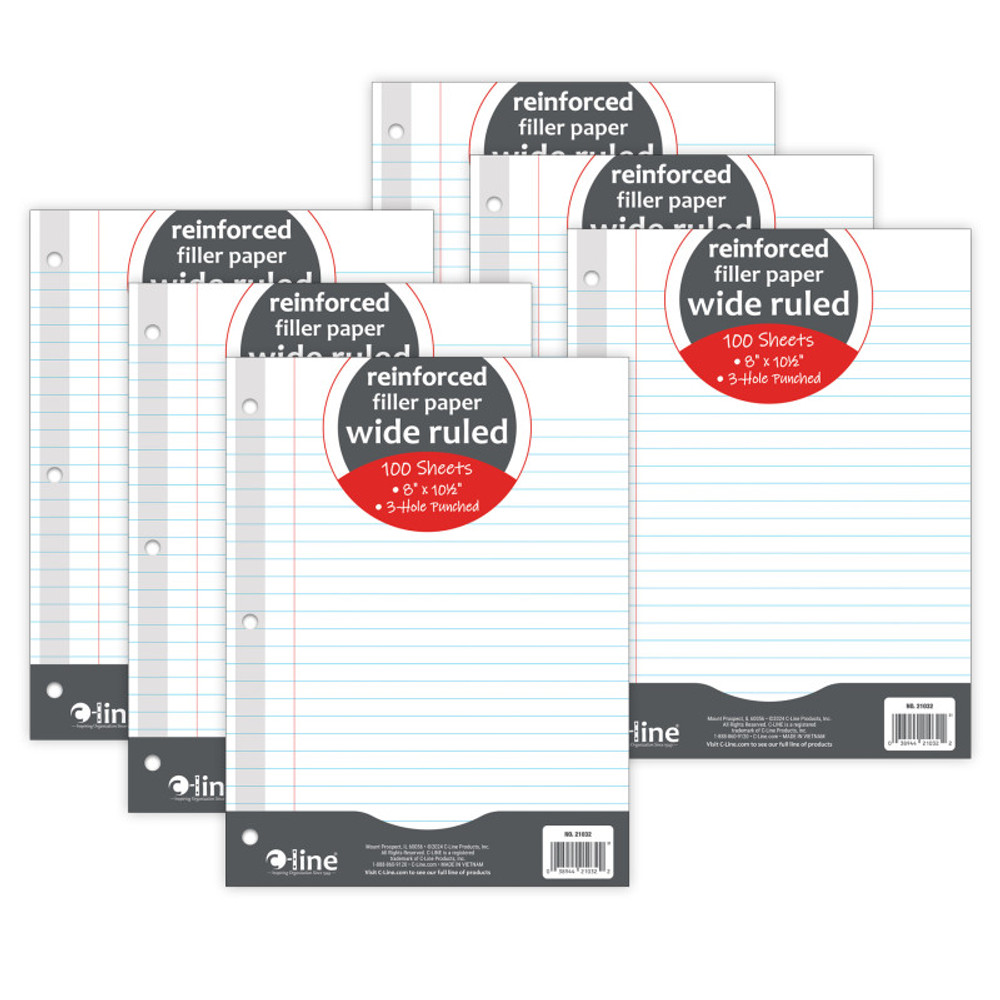 C-LINE PRODUCTS INC C-Line® Reinforced 3-Hole Punched, Filler Paper, Wide Rule, 10.5" x 8", 100 Sheets Per Pack, 6 Packs