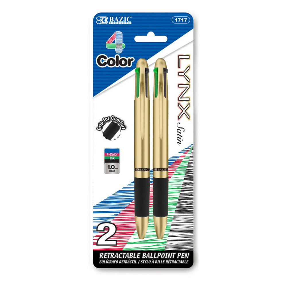 BAZIC PRODUCTS BAZIC Products® Lynx Satin Top 4-Color Pen with Cushion Grip, Pack of 2