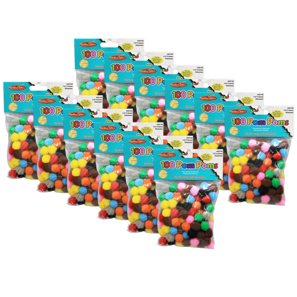 ADVANTUS Charles Leonard Pom-Poms 1/2", Assorted Colors, 100 Per Pack, 12 Packs