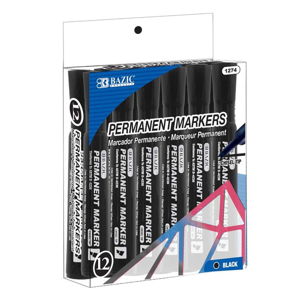 BAZIC PRODUCTS BAZIC Products® Permanent Markers, Desk Style, Chisel Tip, Black, Box of 12