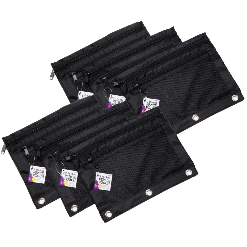 ADVANTUS Charles Leonard Pencil Pouch, 2 Pocket with Mesh Front, Black, Pack of 6