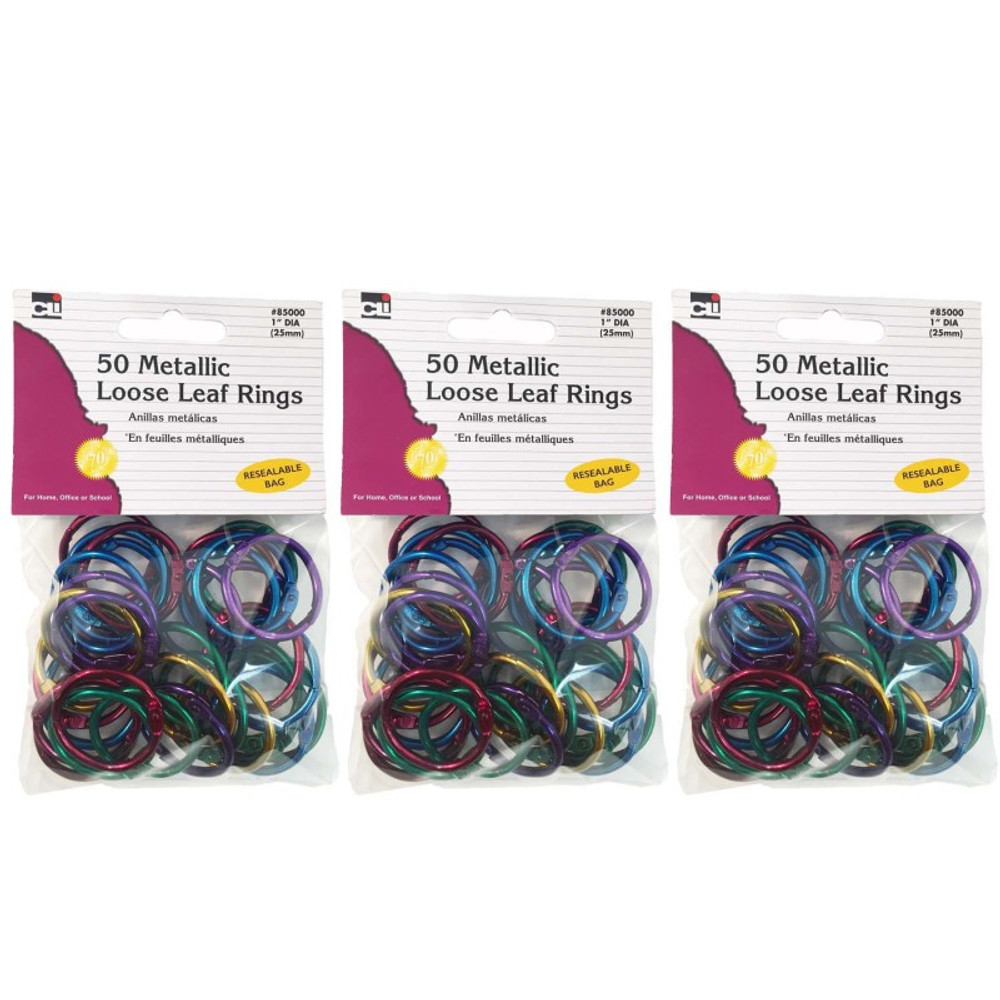 ADVANTUS Charles Leonard Metallic Book Rings, 1", Assorted Colors, 50 Per Pack, 3 Packs