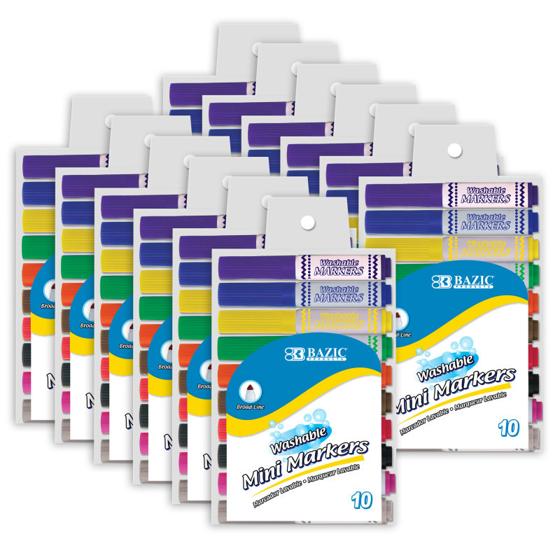 BAZIC PRODUCTS BAZIC Products® Washable Markers, Mini Broad Line, 10 Per Pack, 12 Packs