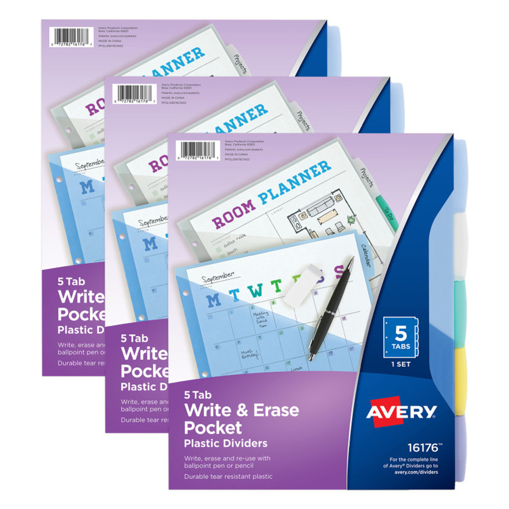 AVERY PRODUCTS CORP Avery® Write & Erase Durable Plastic Dividers with Pockets, 5-Tab Set, Multicolor, 3 Sets