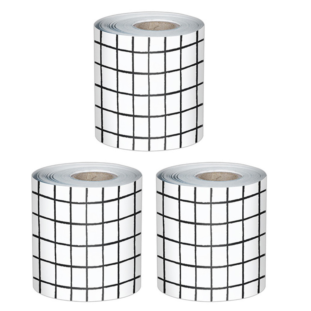 CARSON DELLOSA EDUCATION Carson Dellosa Education Happily Ever Elementary Creatively Inspired Black & White Grid Rolled Straight Bulletin Board Borders, 65 Feet Per Roll, Pack of 3
