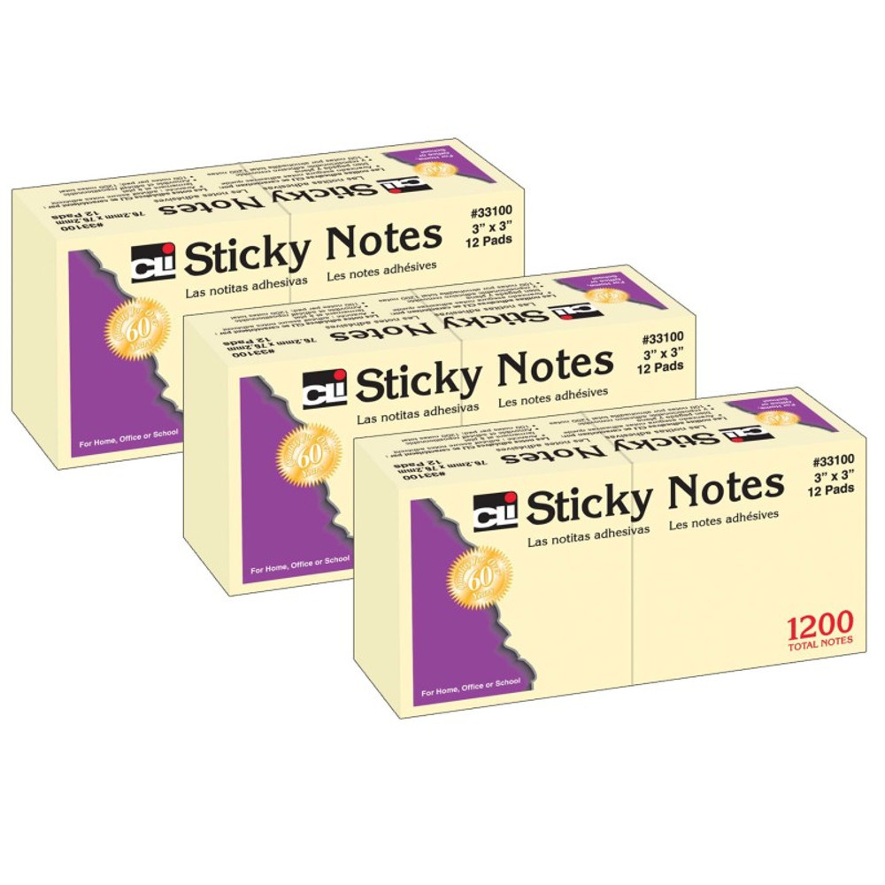 ADVANTUS Charles Leonard Sticky Notes, 3 x 3 Inch, 100 Sheets/Pad, Yellow, 12 Pads Per Pack, 3 Packs