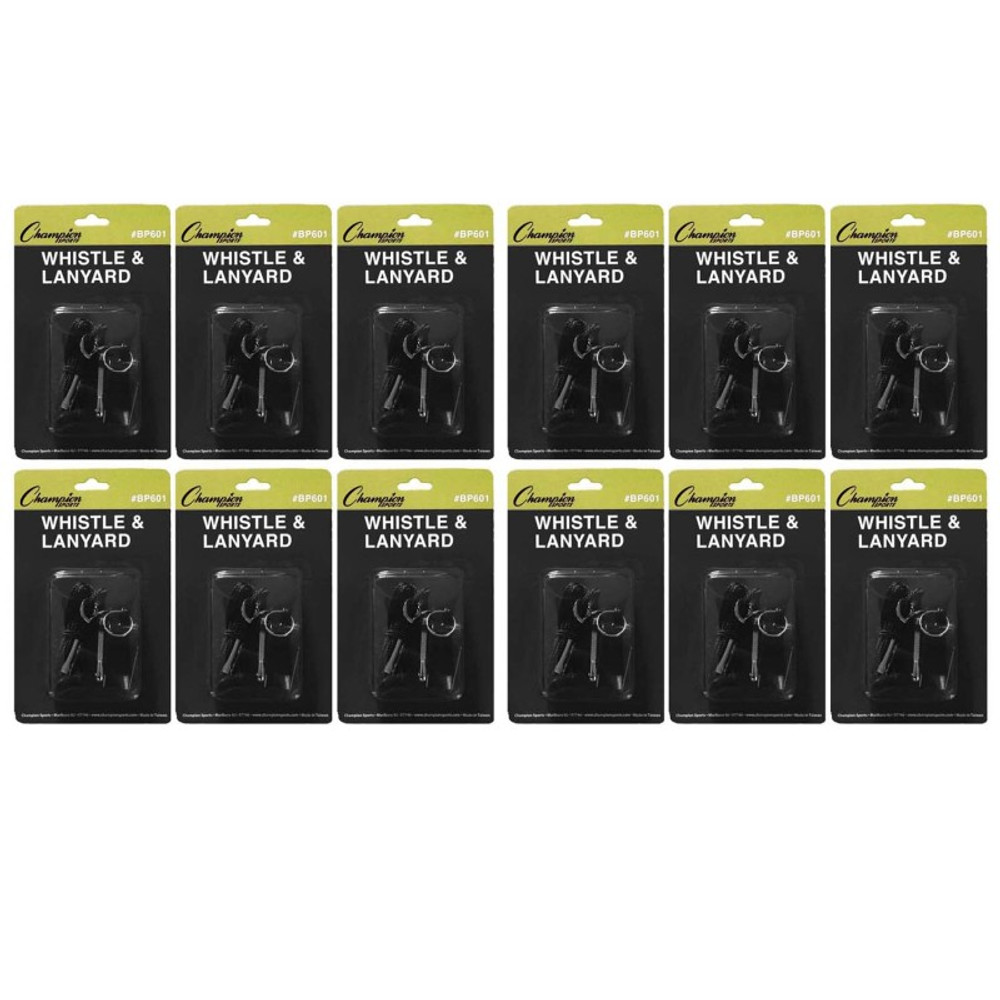 CHAMPION SPORTS Champion Sports Plastic Whistle & Black Lanyard Pack, 12 Packs