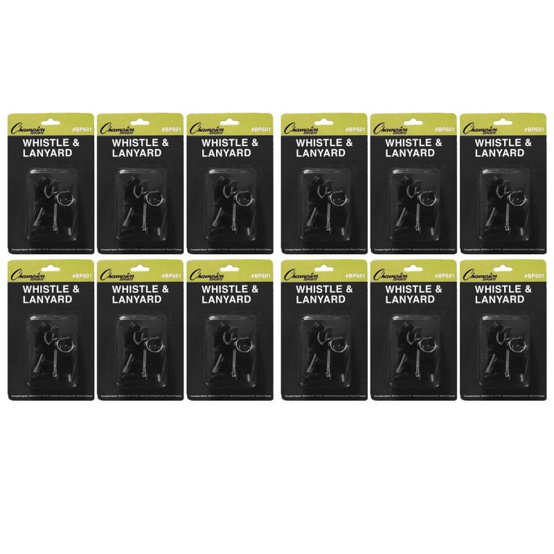 CHAMPION SPORTS Champion Sports Plastic Whistle & Black Lanyard Pack, 12 Packs