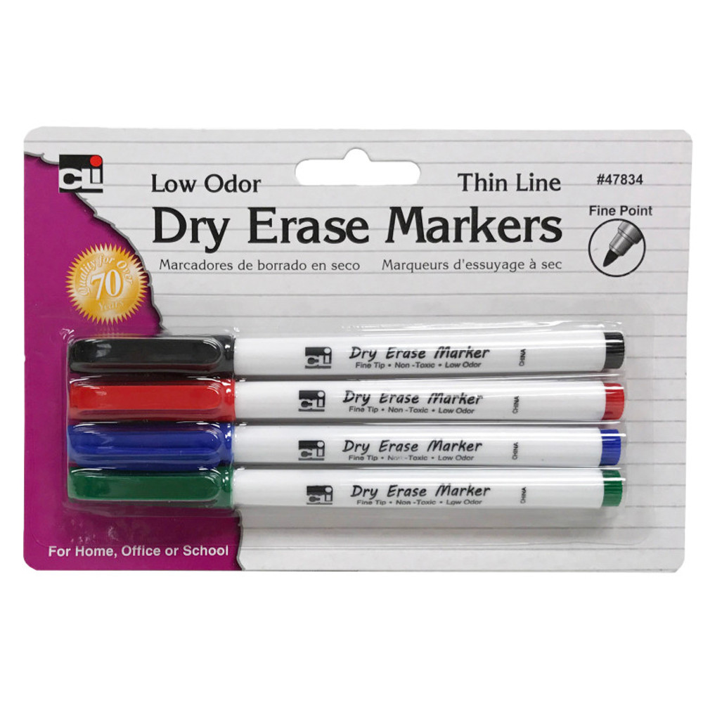 ADVANTUS Charles Leonard Dry Erase Markers, Thin Line Style, Assorted Colors, Pack of 4
