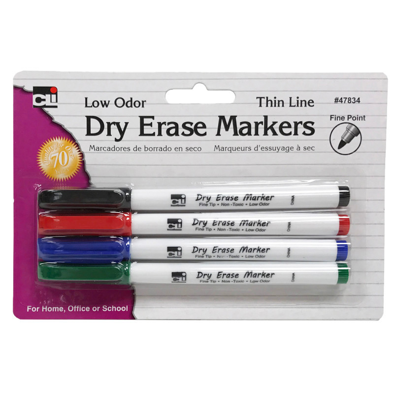 ADVANTUS Charles Leonard Dry Erase Markers, Thin Line Style, Assorted Colors, Pack of 4