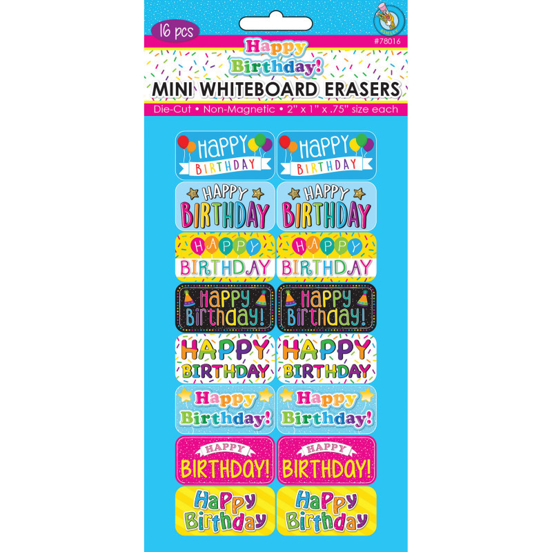ASHLEY PRODUCTIONS Ashley Productions® Non-Magnetic Mini Whiteboard Erasers, Happy Birthday, Pack of 16