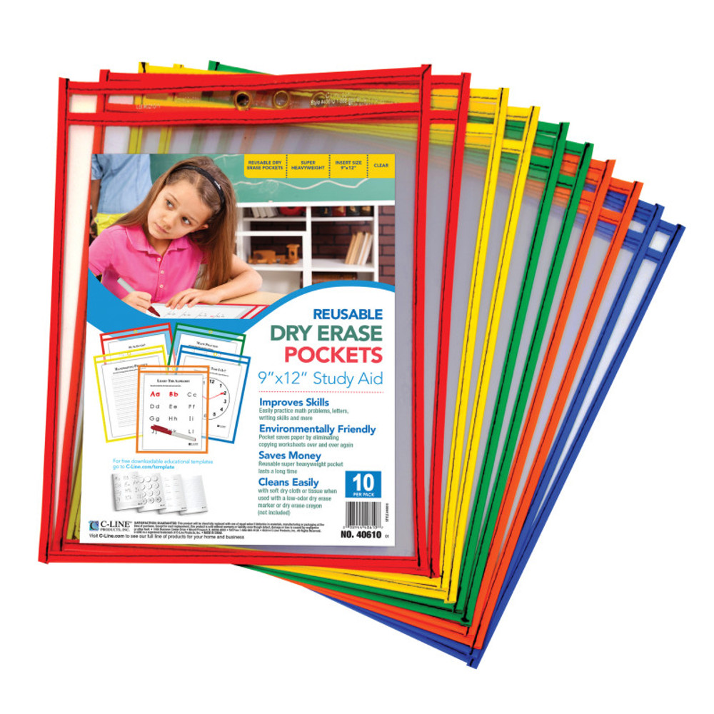 C-LINE PRODUCTS INC C-Line® Reusable Dry Erase Pockets, Primary Colors, 9 x 12, Pack of 10