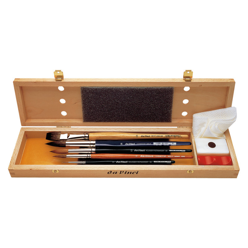 GREGORY DANIELS FINE ARTS INC da Vinci Watercolor Brush Set, Watercolor, Assorted, 5 Brush Set in Wooden Box with Soap