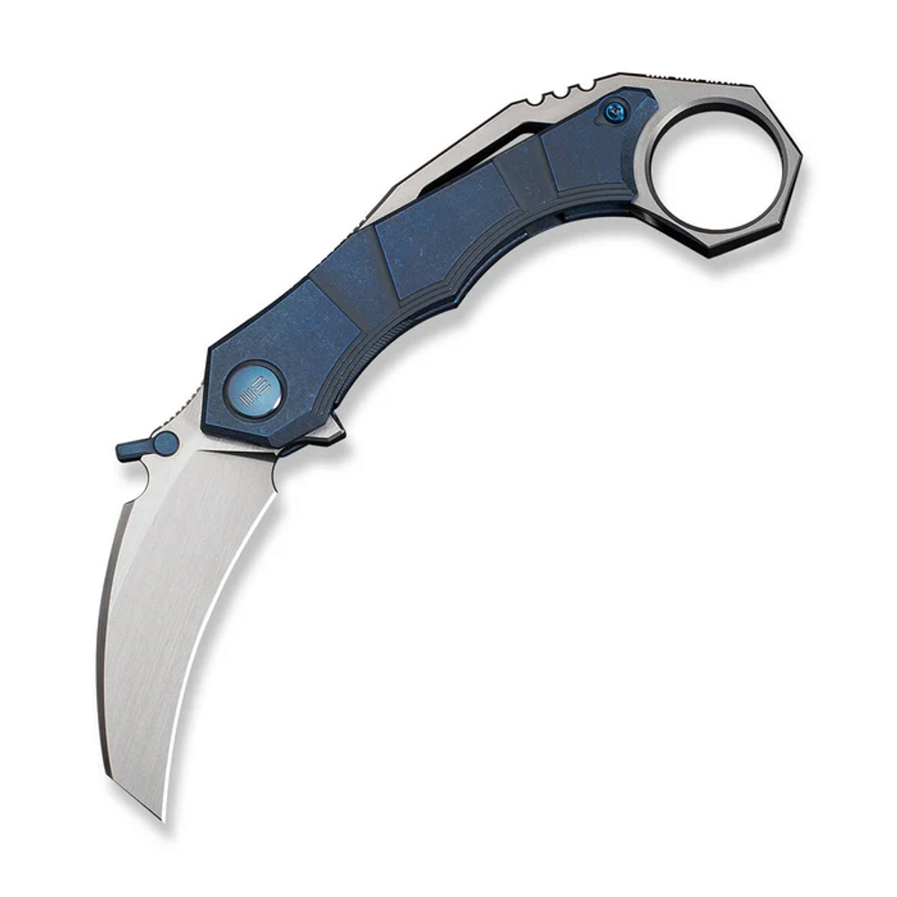 We Knife Tayra Flipper Knife Blue Titanium Handle Gray Titanium Integral Backspacer & Finger Ring