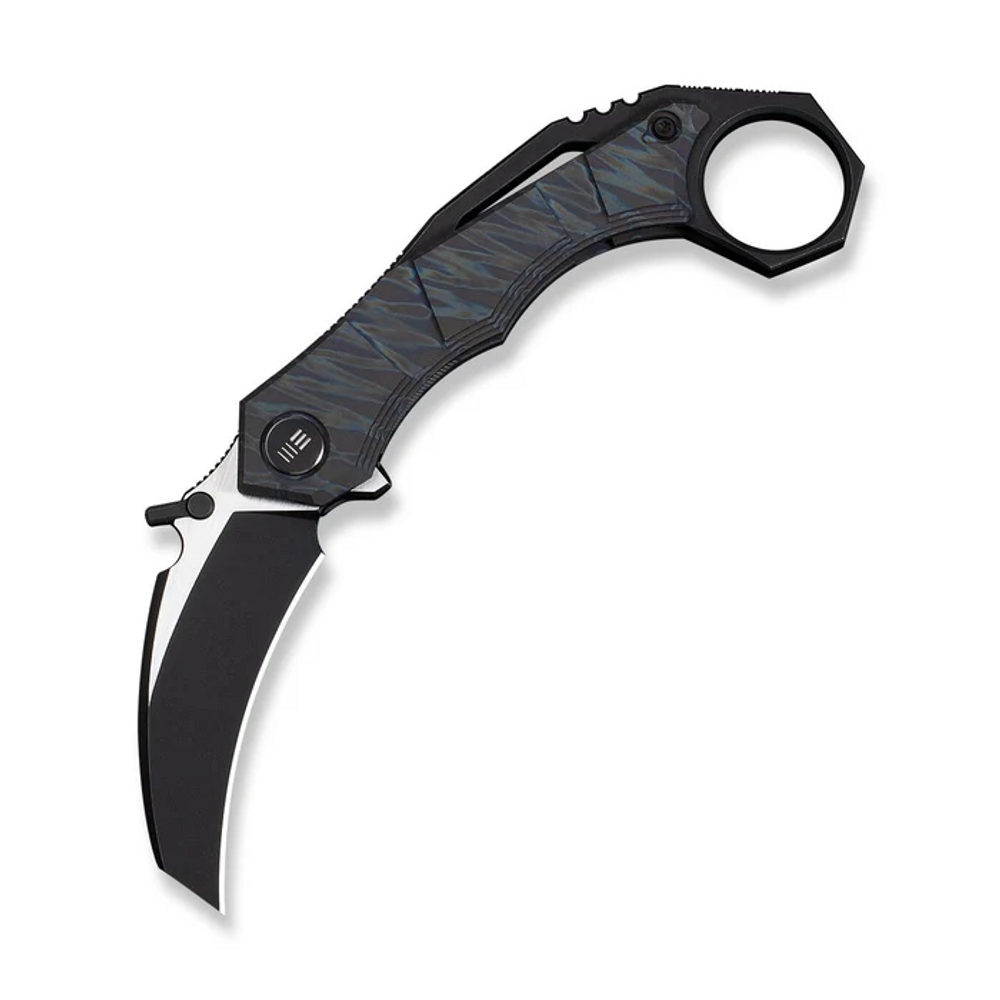 We Knife Tayra Flipper Knife Tiger Stripe Pattern Flamed Titanium Handle Black Titanium Integral Backspacer & Finger Ring