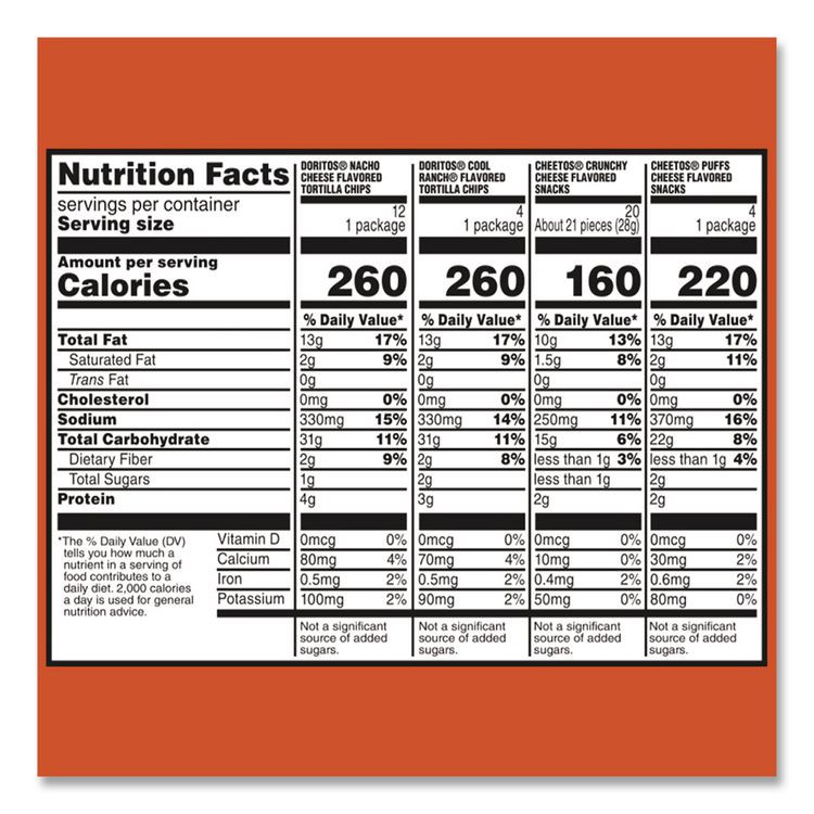FRITO-LAY, INC. 22002673 Doritos and Cheetos Variety Pack, Assorted Flavors, Assorted Sizes, 30 Bags/Carton